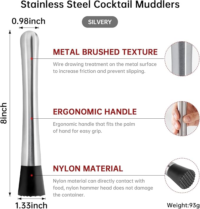 8 Inch Stainless Steel Cocktail Muddler and Mixing Spoon Home Bar Tool Set - Create Delicious Mojitos Old Fashioned/Mint Julep/Other Fruit Based Drinks (Silver)