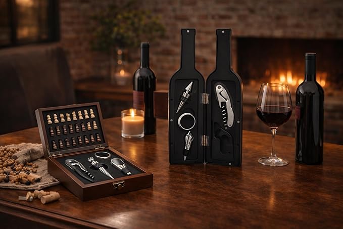 Luxury Wine Accessory & Gift Set - Corkscrew, Stopper, Pourer, and Games! (Wine Opener - Black Matte Bottle Case)