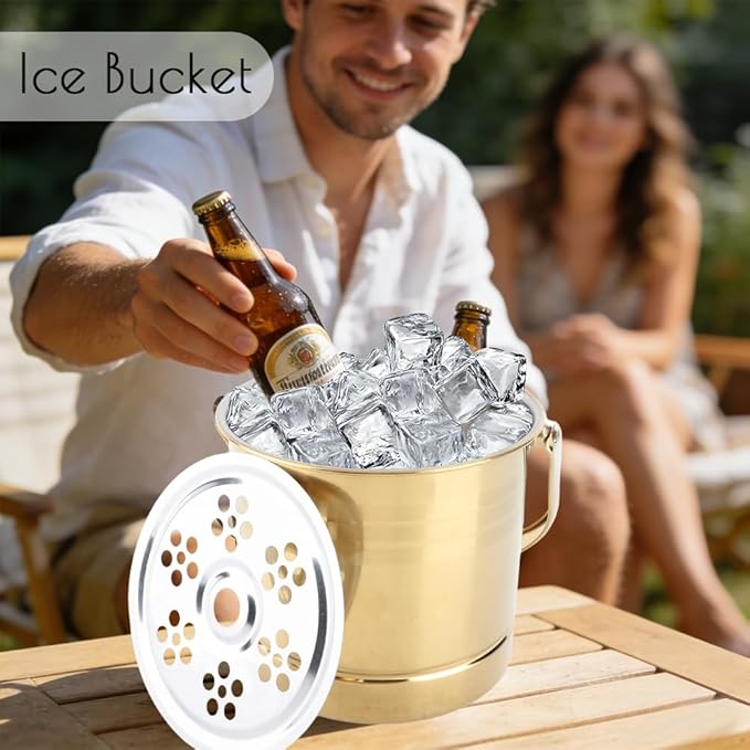 1L Ice Bucket, Metal Double Wall Ice Bucket with Filter Plate and Carrying Handle Stainless Steel Insulated Ice Bucket Golden for Cocktail Bar Wine Parties Champagne Bucket(14x13.8x12.5cm)
