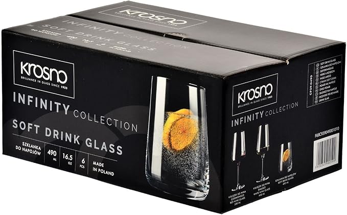 Krosno Infinity Drinking Glasses Set of 6 – 16.6 oz Water Juice Glasses, Modern Tapered Tumblers, Lead-Free Glassware, Clear Everyday Drinkware, Dishwasher Safe, Made in Europe