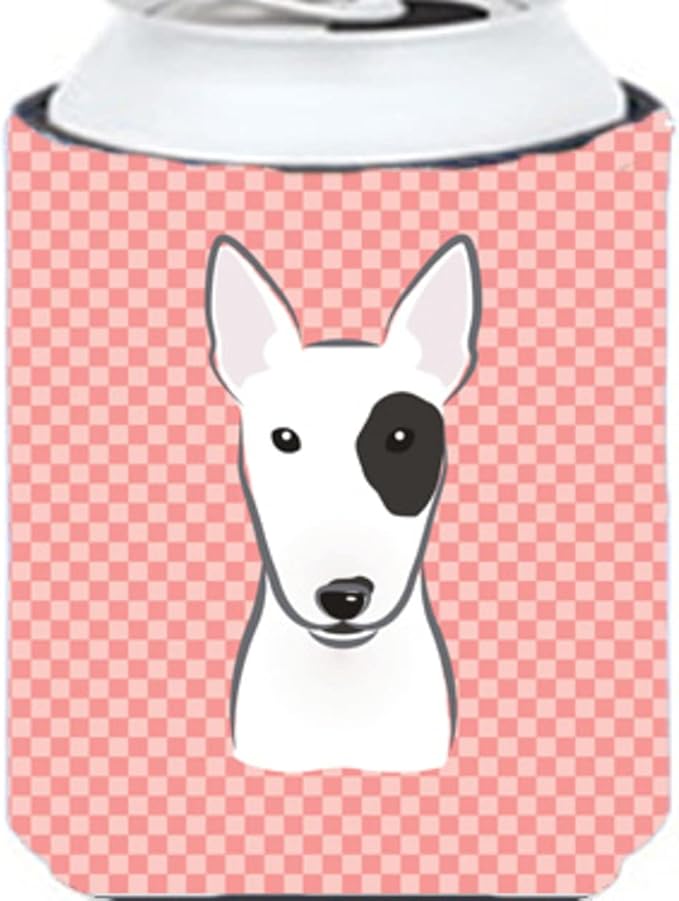 Caroline's Treasures BB1209CC Checkerboard Pink Bull Terrier Can or Bottle Hugger Cooler Washable Drink Sleeve Collapsible Beverage Insulated Holder, Can Hugger, Multicolor