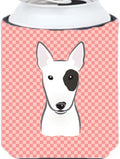 Caroline's Treasures BB1209CC Checkerboard Pink Bull Terrier Can or Bottle Hugger Cooler Washable Drink Sleeve Collapsible Beverage Insulated Holder, Can Hugger, Multicolor