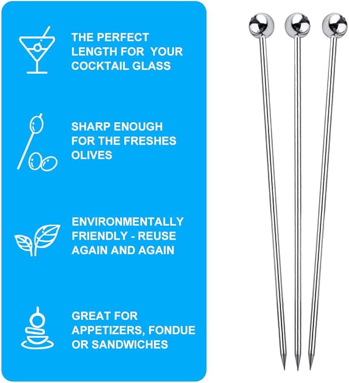 15PCS Cocktail Picks for Drinks, Stainless Steel Cocktail Toothpicks, Reusable Cocktail Skewers, Garnish Picks Bloody Mary Skewers, Metal Martini Picks for Olives Appetizers Fruit (4.3 Inch)