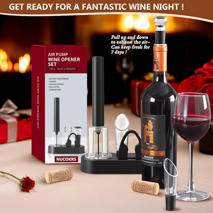 5 Pcs Air Pump Wine Opener Set with Foil Cutter, Wine Pourer, Vacuum Stopper and Storage Base NUCOKRS Corkscrew Great Gift for Wine Lovers