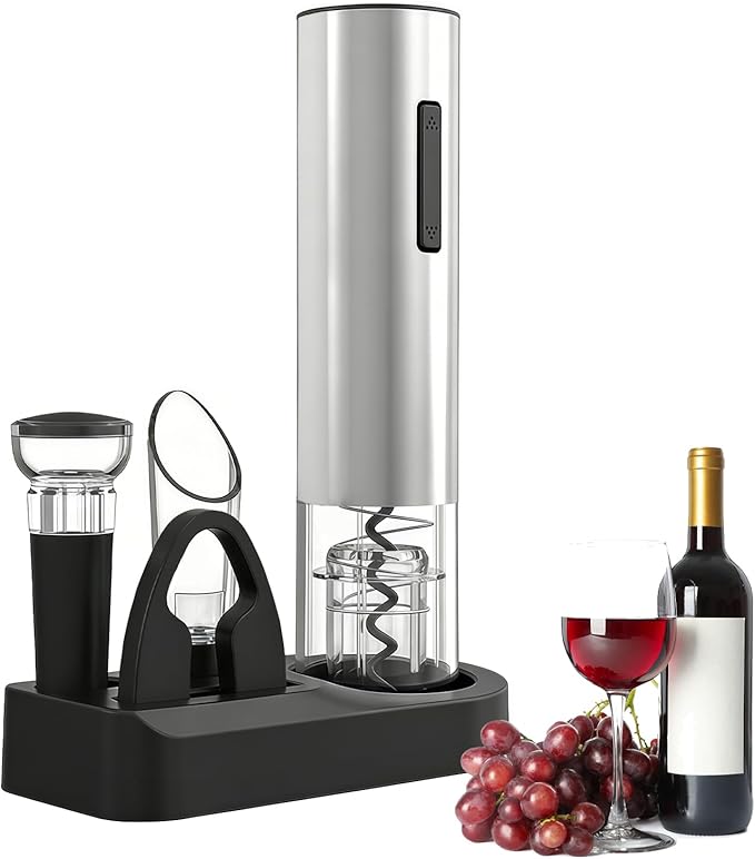 5-in-1 Electric Wine Opener - Auto Wine Bottle Opener with Storage Base,Foil Cutter,Aerating Pourer & Vacuum Stoppers | USB-C Rechargeable | 40+ Opens Per Charge | Gift for Housewarmings
