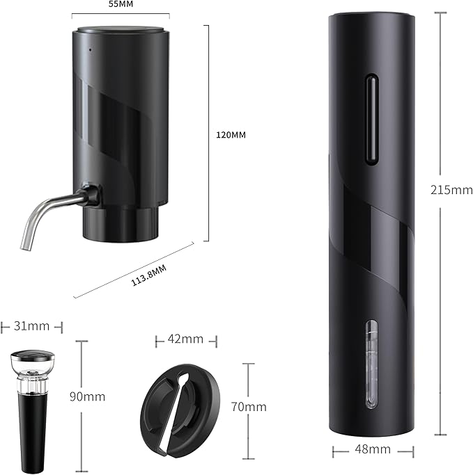 4-in-1 Electric Wine Opener Set – USB Rechargeable with Wine Decanter, Wine Aerator,Pourer, Wine Stopper and Foil Cutter. Gift set for Weddings, Parties, and Home Use, Portable size, Black