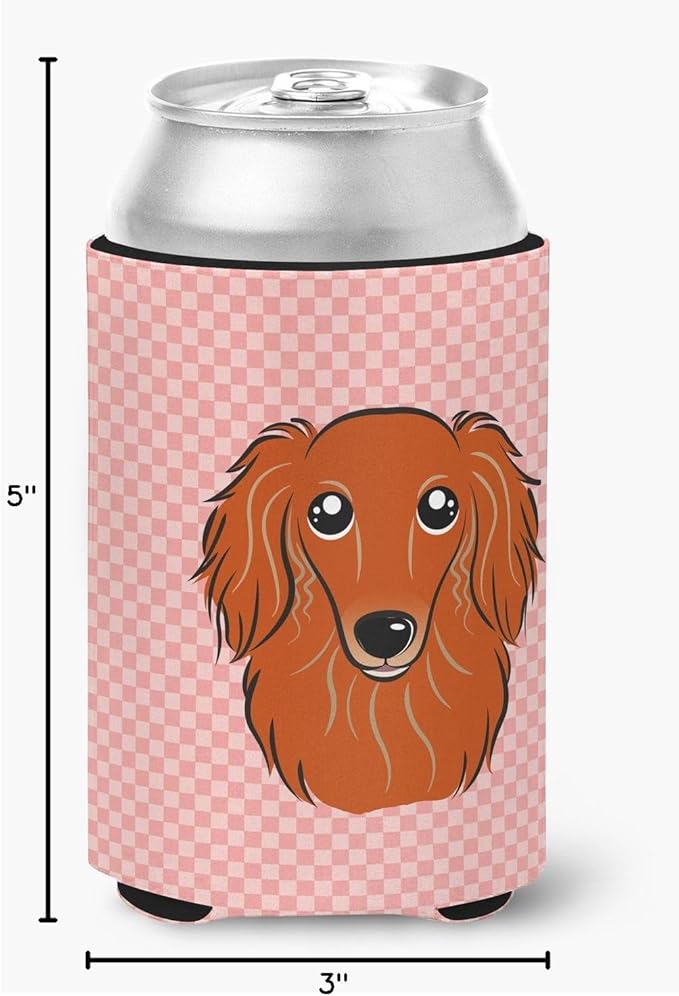 Caroline's Treasures BB1214CC Checkerboard Pink Longhair Red Dachshund Can or Bottle Hugger Cooler Washable Drink Sleeve Collapsible Beverage Insulated Holder, Can Hugger, Multicolor