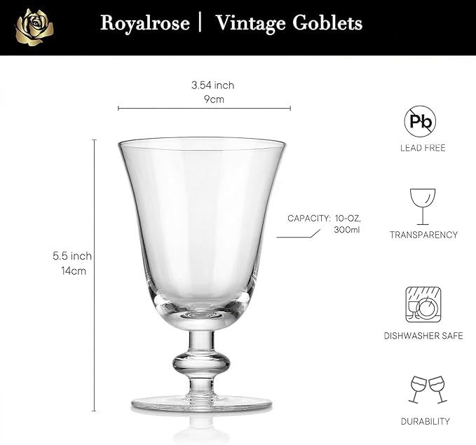 Royalrose Premium Delight Vintage Red Wine Glassware Set of 4 – 10 oz Goblets for Wine, Cocktails, Sparkling Water, Elegant Drinkware for Entertaining or Daily Use (Vintage Goblets Glasses)