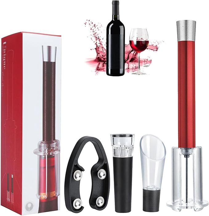 1 Wino on the Go Lovers Gift Set, 4-in-1 Wino on the Go Set, With Air Pressure Pump, Foil Cutter, Wine Pourer & Vacuum Stopper, Efficient Corkscrew Bottle Opener for Home Bar(Red)