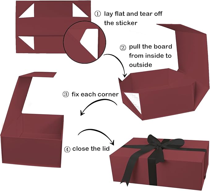 YINUOYOUJIA Large Burgundy Gift Boxes with Lid,14"x9"x4.5" Magnetic Gift Box with Ribbon,Cards and Envelopes for Presents,Great for Wedding,Birthdays,Crafting,Gift Packaging.