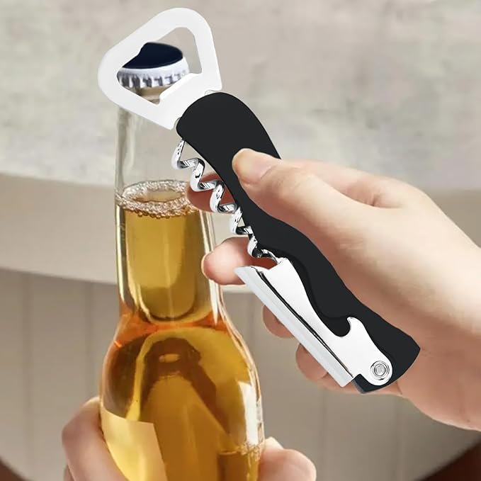 Stainless Steel Wine Key with Foil Cutter:Waiters Corkscrew Opener Beer Bottle Opener (Black)