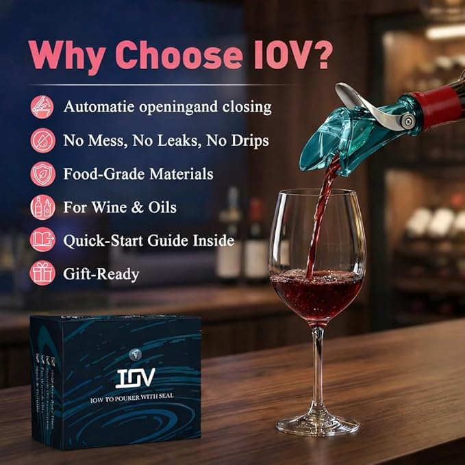 IOV Wine Pour Spout, Upgraded Sealing Liquor Bottle Pourers, Auto Flip Olive Oil Dispenser Spout, Pourer with Dust Caps for Alcohol, Vinegar and Syrup, No-Drip Wine accessories, Blue