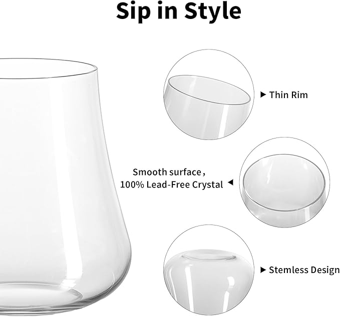 Stemless Wine Glasses Set of 4: 15oz Clear Hand Blown Crystal No Stem Red Wine Glass Cups for Birthday Wedding Party - Unique Gifts for Women