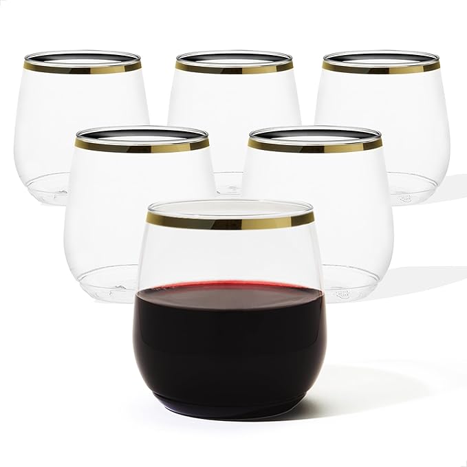 TOSSWARE POP 12oz Stemlesss Gold Rim Wine Glass Set of 48, Premium Quality, Recyclable, Unbreakable & Crystal Clear Plastic Cocktail Glasses