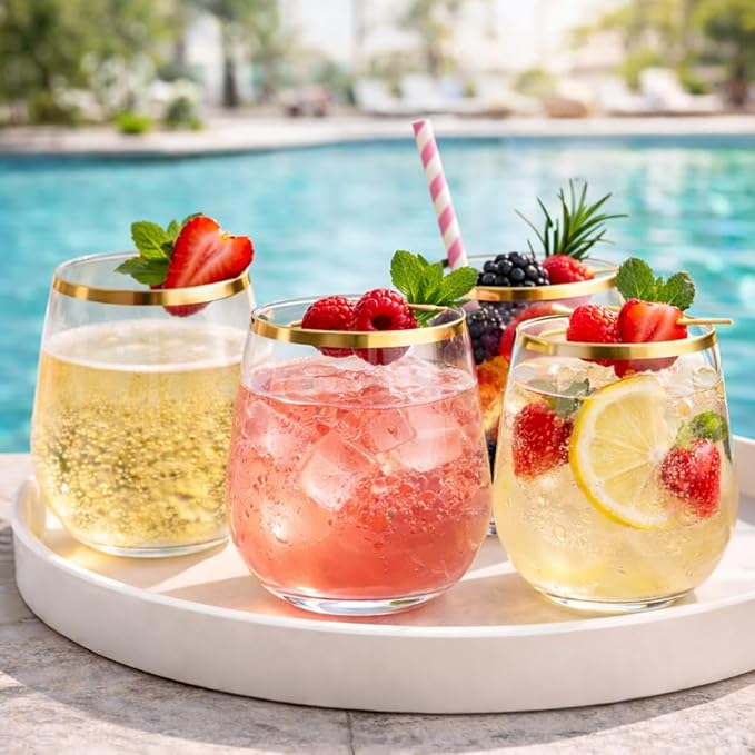 Oojami 48 piece Stemless Unbreakable Crystal Clear Plastic Wine Glasses Set of 48 Small (10 Ounce - Gold Rim)