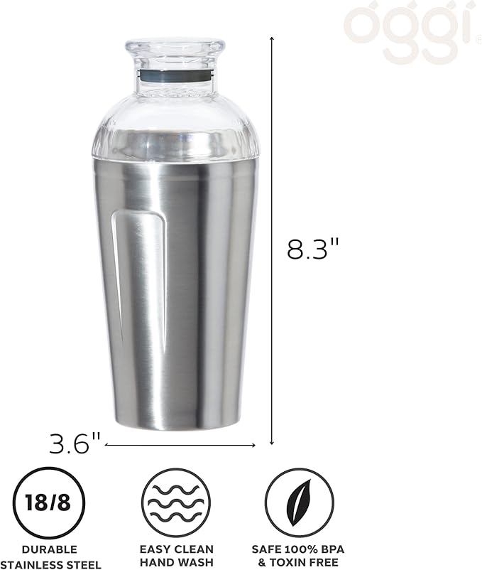 OGGI Groove Insulated Cocktail Shaker-17oz Double Wall Vacuum Insulated Stainless Steel, Tritan Lid has Built In Strainer, Ideal Cocktail Mixer, Martini Shaker, Margarita Shaker, Stainless