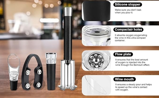 4-in-1 Professional Bar Tool Set - Aluminum Alloy Bottle Opener with Air Pump, Foil Cutter & Vacuum Stopper, Durable Wine Accessories for Home & Parties Black