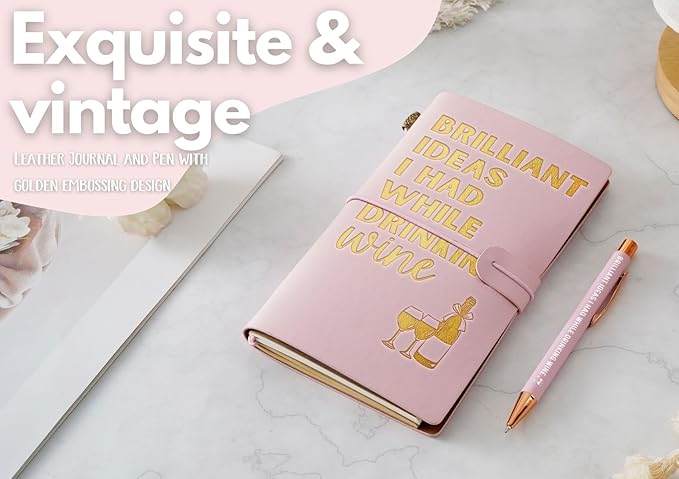 Wine gifts Leather Journal Notebook with Pen, for Wine Lovers, Men, Women on Birthday, Refillable Sketchbook, Travel Diary, Lined Planner, 7x5 Inches, Pink - Brilliant Ideas - Gold foil stamping