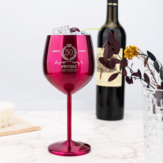 50th Birthday Gifts Wine Glass for Her Women, Stainless Steel Metal Unbreakable Decoration Glasses Rose Red Cup 17oz with Vintage Print-Unique 50 Year Old Present for Mom Wife Sister Friend