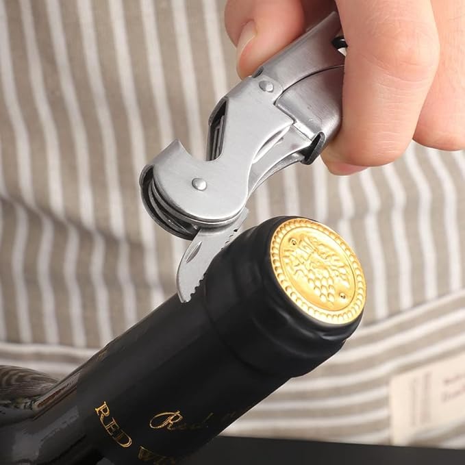 Buyer Star Gold Manual Wine Opener Stainless Steel Waiters Corkscrew with Foil Cutter & Bottle Opener, Double Hinged Wine Key for Servers & Bartenders, 2 Piece