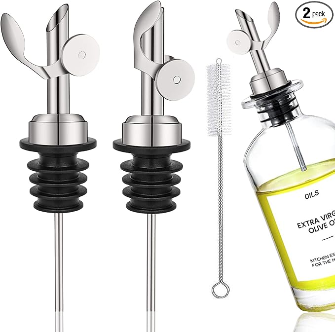 WAFJAMF 2 Pcs Weighted Stainless Steel Bottle Pourers, Self Closing Olive Oil Dispenser Spout, Auto Flip Feature Liquor Pour Spouts for Pours Liquid, Olive Oil, Wine, Vinegar (Silver)