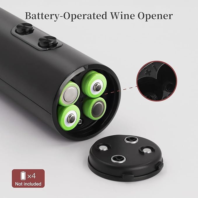 Battery Operated Electric Wine Opener Set by ELMWAY, Electric Corkscrew with Storage Base/Aerator Pourer/Foil Cutter/Vacuum Stopper, Wine Set Gift for Wine Lover - Black (4 x AA Not Included)