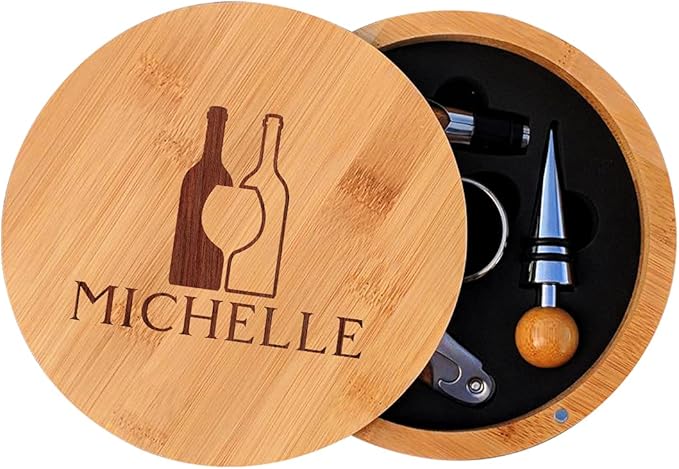 Personalized Bottle Silhouette Bamboo Round 4 Piece Wine Tool Set