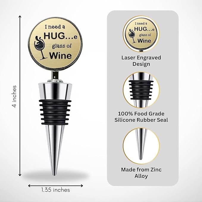 Jazzy Jade Designs Funny Wine Stopper - “I Need a HUGe Glass of Wine!” Laser Engraved Zinc Alloy & 100% Food-Grade Rubber Bottle Stopper - Cute Wine Gift & Bar Accessory, Made in USA by Small Business