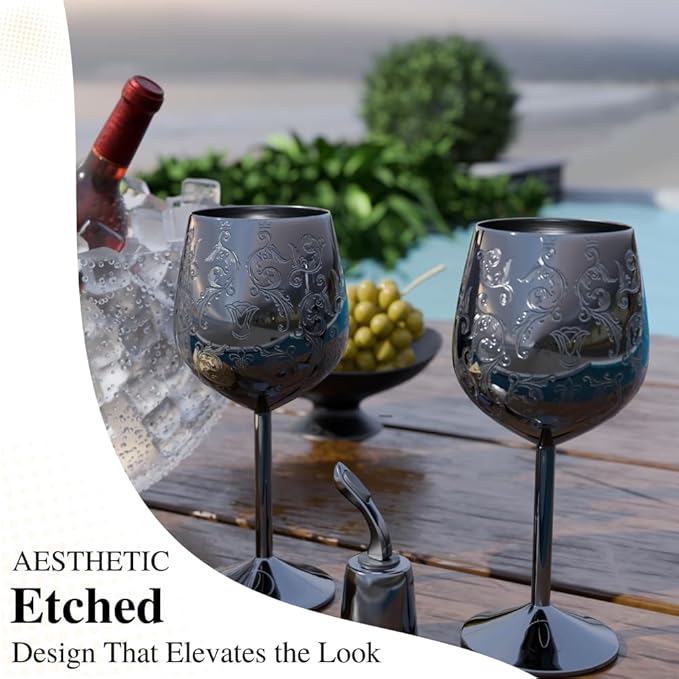 Mother’s Day Gift for Mom – Set of 2 glossy black Stainless Steel Wine Glasses, 17oz Engraved Goblets with Bottle Stopper, Unbreakable Elegant Wine Cups, Gift for Women, Wife, Mom, Sister