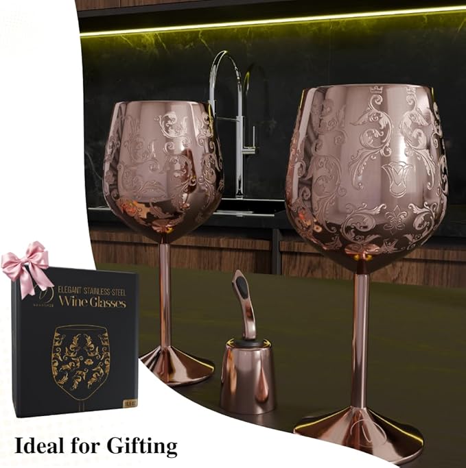 Mother’s Day Gift for Mom – Set of 2 Rose Gold Stainless Steel Wine Glasses, 17oz Engraved Goblets with Bottle Stopper, Unbreakable Elegant Wine Cups, Gift for Women, Wife, Mom, Sister