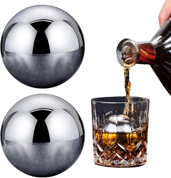 Whiskey Stones 2 Pcs Reusable Metal Ice Cube Large Stainless Steel Round Whiskey Balls Spherical Beverage Chilling Rocks Sphere Golf Ball Scotch Set for Red Wine Bar Beer Scotch Vodka Drinks(55mm)