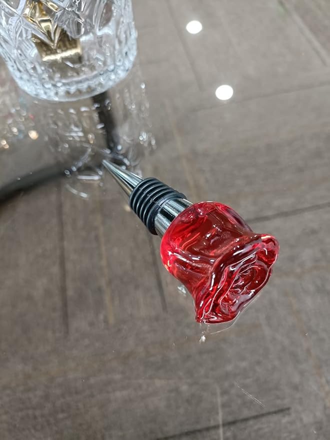 Crystal Wine Bottle Stopper, Gift Boxed, Reusable Stainless Steel (Red Rose)