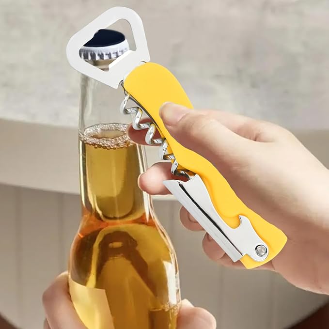 Stainless Steel Wine Key with Foil Cutter:Waiters Corkscrew Opener Beer Bottle Opener (Yellow)