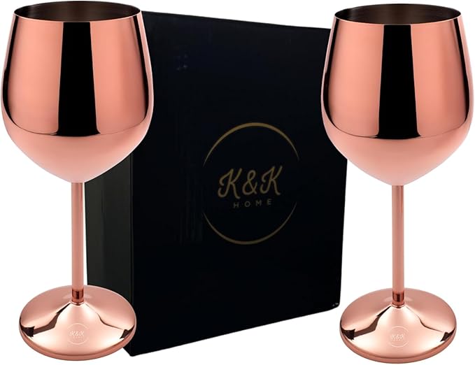K&K Home Rose Gold Stainless Steel Unbreakable Wine Glasses - 18 oz - Set of 4 Colored, Stemmed Metal Wine Glasses Perfect for Outdoors, Weddings, and Parties