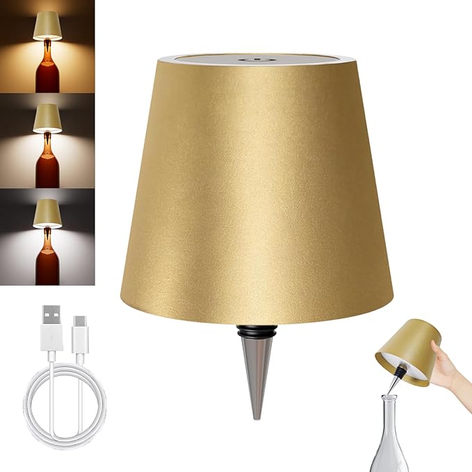 Wireless Bottle Lamp, Wireless Bottle Lamp Shade with 3 Color Temperature, Rechargeable Stepless Dimming LED Wine Bottle Lights for Any Bottle, Desk Lamp for Bedroom Restaurant Bar - Gold