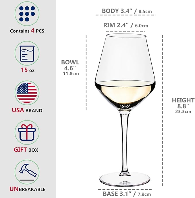 crayline Plastic Wine Glasses Set of 4(15oz) |Unbreakable Wine Glasses with Stem|100% Tritan & BPA Free |Dishwasher Safe| Awesome For Pool, Beach, Travel, Pool, Camping, Beach, Picnic, Everyday Use.
