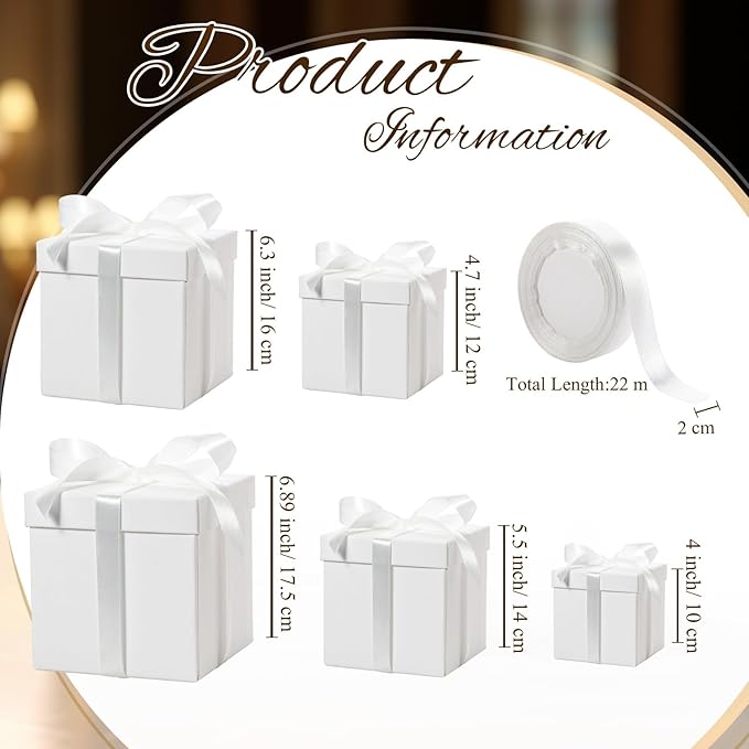 Cholemy 5 Pcs Square Nesting Boxes Decorative Gift Boxes with Lid and Ribbon Assorted Sizes Wrap for Wedding, Carnival, Anniversary, Birthday, Bridal Shower Party Gifts(White)