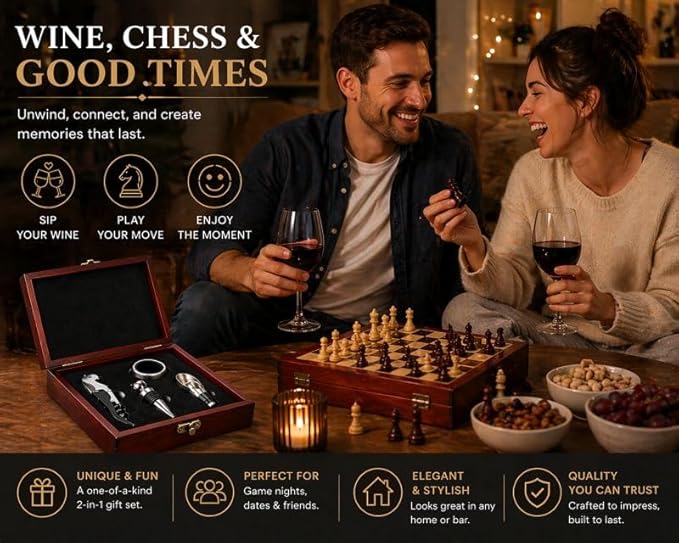 Wine Gift Set with Chess Board – Wine Accessories Kit for Men & Women, Corkscrew, Stopper & Pourer Included, Unique Gift for Wine Lovers, Birthday, Anniversary, Housewarming
