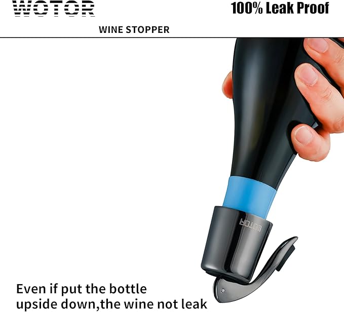 WOTOR Stainless Steel Wine Bottle Stoppers with Silicone - Reusable Wine Saver and Decorative Bottle Sealer, Leakproof, Keep Fresh, Metalblack, 2 Pack