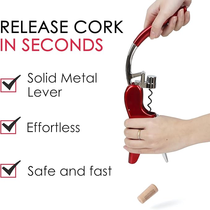 KAYCROWN Stainless Steel Wine Bottle Opener, Compact Vertical Lever Corkscrew with Foil Cutter and Extra Spiral, Manual Handheld Corkscrew with Ergonomic Lever Pump (Red)