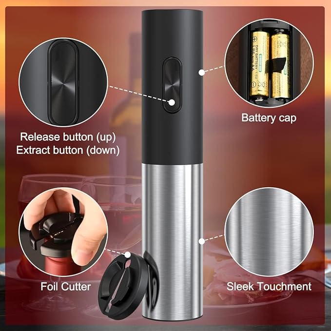 Electric Wine Opener Battery Operated, Automatic Electric Wine Bottle Opener with 2 in 1 Wine Stopper and Portable Corkscrew Foil Cutter, Wine Gifts