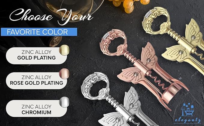 ELEGANTZ Luxury Multifunctional Wine Bottle Opener with Foil Cutter, Beer Opener, Butterfly Design - Heavy Duty Zinc Alloy, Chrome Plating - Gift for Wine Lovers