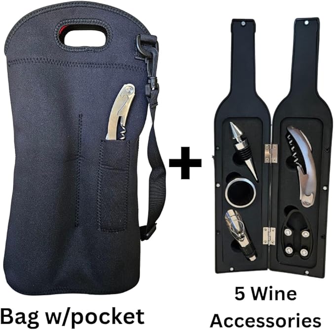 Insulated Neoprene 2‑Bottle Wine Tote Bag with Pocket & Shoulder Strap -Fits Two 750 ml Bottles + 5‑Piece Wine Accessory Set in Bottle‑Shaped Case - Gift for Weddings, Picnics, Travel, Parties.