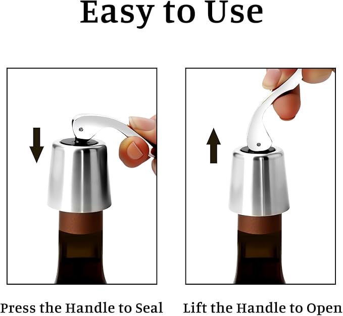 2-Pack Stainless Steel Wine Stoppers - Silicone Seal for Freshness, Reusable Bottle Sealer
