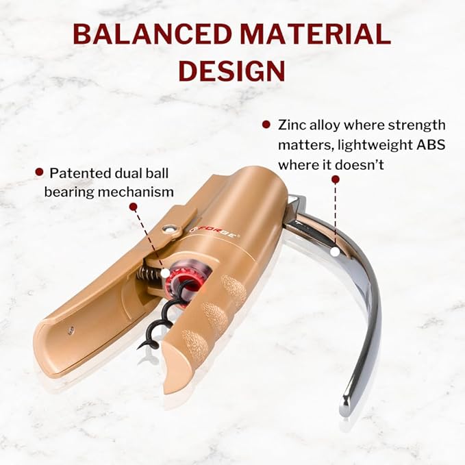 Forge Quality Compact Vertical Lever Corkscrew Wine Opener with Foil Cutter. 3 Seconds to Open a Bottle of Wine. Champagne Gold.