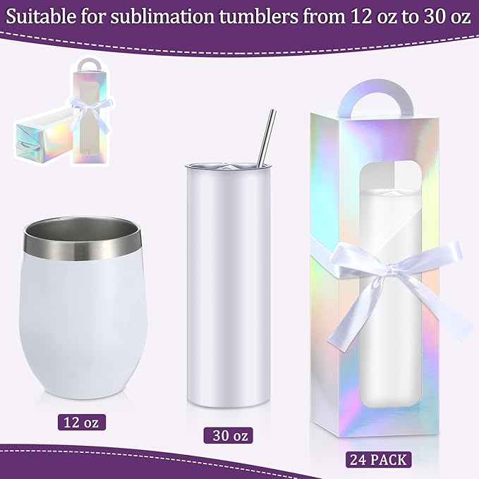 Ctosree 24 Pcs Tumbler Gift Box with Handle for 12oz 16oz 20oz 30oz Clear Wine Glass Gift Box Sublimation Tumblers Heat Press Blanks Bottle for Christmas Wrapping Packaging(Holographic)