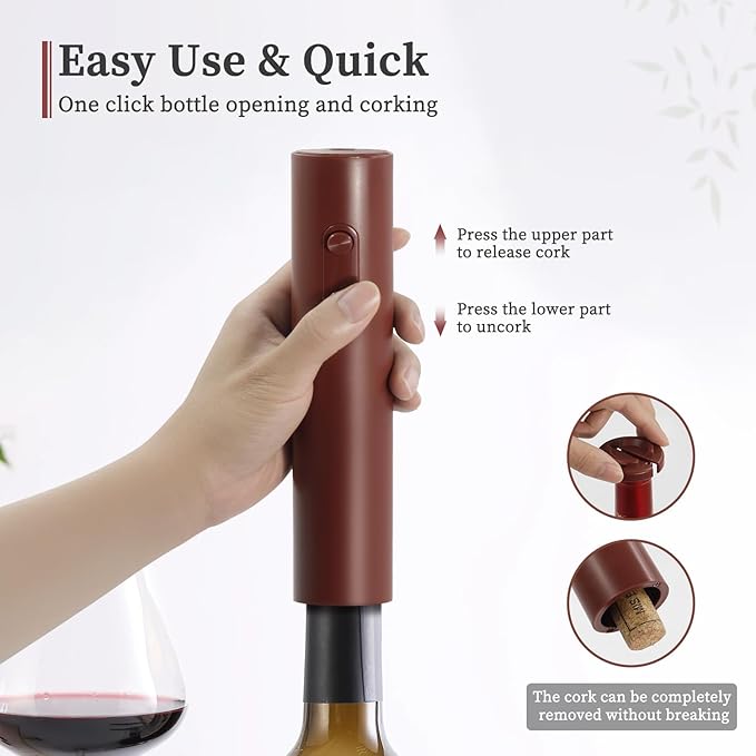 Battery Operated Wine Opener by ELMWAY, Electric Corkscrew & Wine Bottle Opener with Foil Cutter, Gift for Wine Lovers and Wine Accessories for Home Bars - Red (4xAA Not Included)