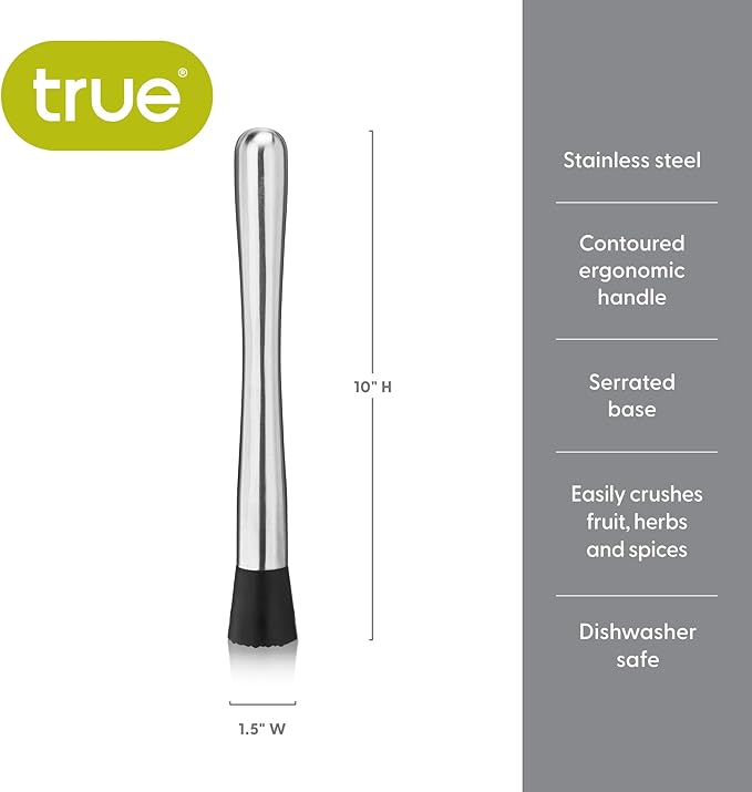 True Bar Muddler for Cocktails - Cocktail Muddler Stainless Steel with Textured Plastic Base - Dishwasher Safe, 10 Inches Set of 1