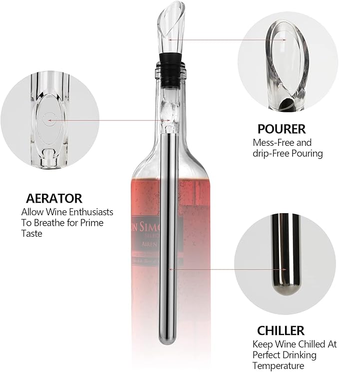 Wine Chiller Wine Aerator Wine Lover Gifts Wine Decanter Wine Accessories Perfect Wine Gifts for Women Wine Cooler Stick Rapid Iceless Wine Decanter Wine Chilling Rod set (red box）
