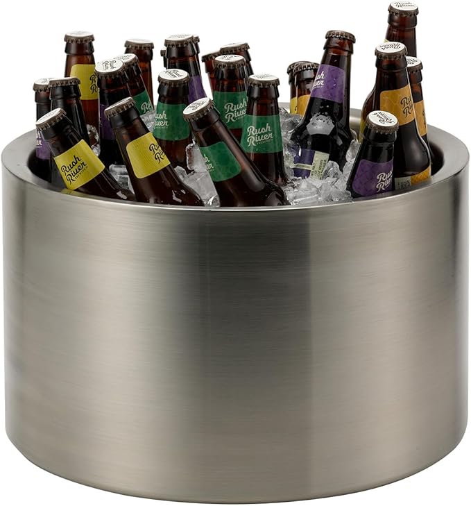 Service Ideas PT7BS Double Wall Party Tub, Beverage and Wine Chiller Ice Bucket, Round, Stainless Steel, 7 Gallon, Brushed